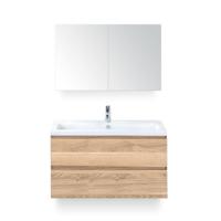 Vogue Badmeubelset 100 cm - Greeplijst in kleur - Grey Oak - Keramische Wastafel Wit 1 kraangat - met Spiegelkast - thumbnail