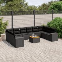 11-delige Loungeset met kussens poly rattan zwart - thumbnail
