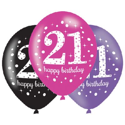 Ballonnen 21 Jaar Happy Birthday Pink, Paars En Zwart