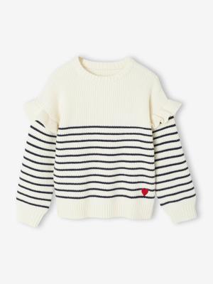 Trui met ruches aan de mouwen meisjes marineblauw, gestreept