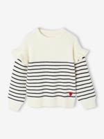 Trui met ruches aan de mouwen meisjes marineblauw, gestreept - thumbnail