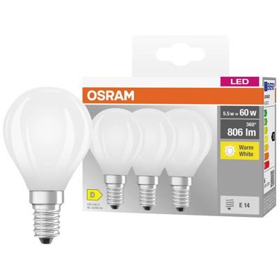 OSRAM HOMELIGHTING 4058075592599 LED-lamp Energielabel D (A - G) E14 Kogel 5.5 W = 60 W Warmwit (Ø x h) 45 mm x 45 mm 3 stuk(s)