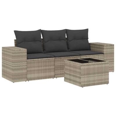 4-delige Loungeset met kussens poly rattan lichtgrijs