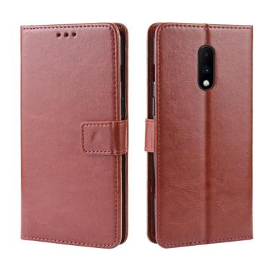 Retro Crazy Horse textuur horizontale Flip lederen case voor OnePlus 7 met houder & kaartsleuven & fotolijstjes (bruin)