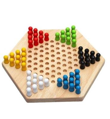 Traditionele zeshoek houten kinderen puzzel checkers familie spel set