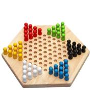 Traditionele zeshoek houten kinderen puzzel checkers familie spel set - thumbnail