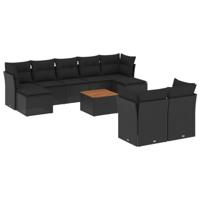 10-delige Loungeset met kussens poly rattan zwart - thumbnail