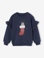 Sweater met ruches en kattenmotief meisjes marineblauw - thumbnail