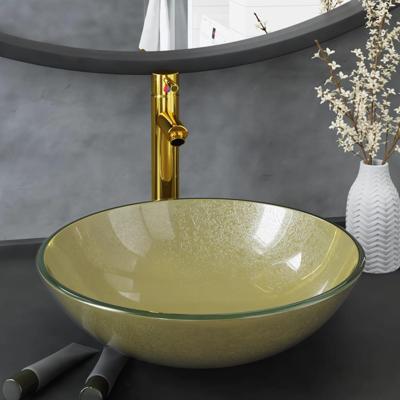 VidaXL Wastafel met kraan en pop-up afvoer gehard glas goudkleurig VidaXL Wastafel met kraan en pop-up afvoer gehard glas goudkleurig