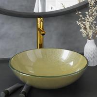 VidaXL Wastafel met kraan en pop-up afvoer gehard glas goudkleurig - thumbnail