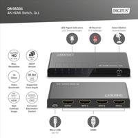 Digitus DS-55331 HDMI-switch 3 + 1 poorten LED-weergave, Met afstandsbediening, Ultra HD-geschikt, Met metalen behuizing, Individueel schakelbaar, Met - thumbnail