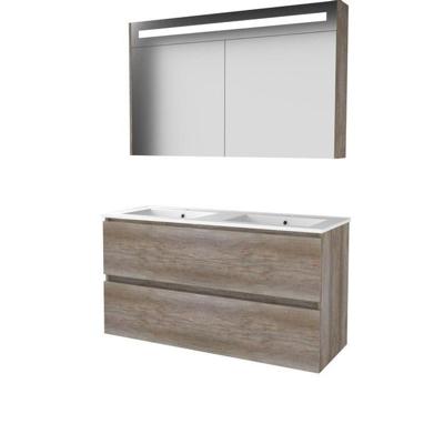 Basic-Line Premium 46 Badkamermeubelset - 120 x 46 cm - Greeploos - 2 Lades - Keramische Wastafel - 2 Kraangaten - Spiegelkast met LED Verlichting - Scotch Oak