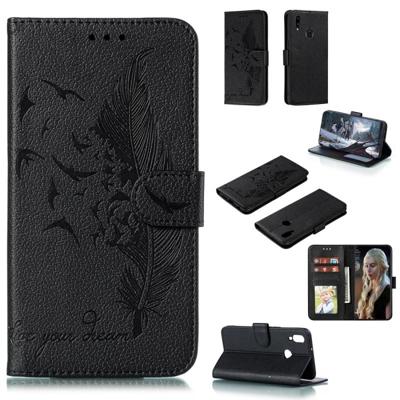 Voor Galaxy A10s Feather patroon Litchi textuur horizontale Flip lederen draagtas met houder & portemonnee & kaartsleuven (zwart)