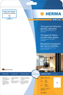 Herma 8020 Folie-etiketten 210 x 297 mm Folie, glanzend Transparant 25 stuk(s) Permanent hechtend Laser (zwart/wit), Kopiëren (zwart/wit), Laser (kleur),