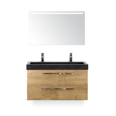 Seville Badmeubelset 100 cm - Natuur Eiken - Wastafel Lucca 2 kraangaten - met Sence Spiegel