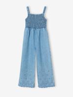 Gebloemde gesmokte meisjesjumpsuit in lichte denim lichtblauw - thumbnail
