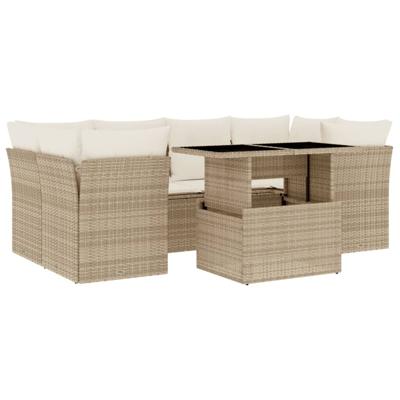 7-delige Loungeset met kussens poly rattan beige