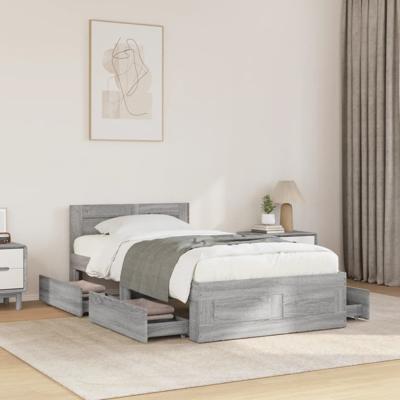 Bedframe met hoofdeinde bewerkt hout betongrijs 90x200 cm - thumbnail