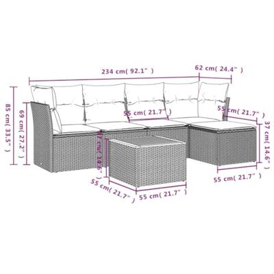 6-delige Loungeset met kussens poly rattan beige