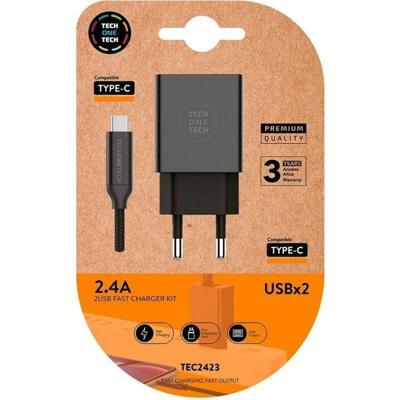 TECH ONE TECH Dubbele lader + USB-C-kabel Tech One Tech, zwart
