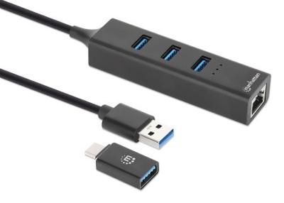 Manhattan 180894 180894 USB-hub 4 poorten USB-A, RJ45 USB 3.0 5 GBit/s Met ingebouwde netwerkaansluiting Zwart