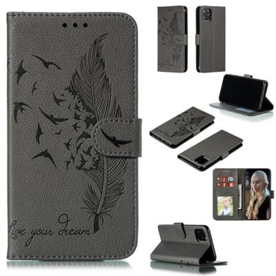 Feather patroon Litchi textuur horizontale Flip lederen draagtas met portemonnee & houder & kaartsleuven voor iPhone 11 Pro (grijs)