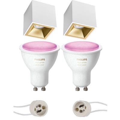 Pragmi Cliron Pro - Opbouw Vierkant - Mat Wit/Goud - Verdiept - 90mm - Philips Hue - Opbouwspot Set GU10 - White and Color Ambiance - Bluetooth