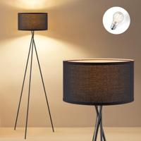 Moderne Vloerlamp - Zwarte Stoffen Lampenkap en Metalen Staande lamp - 53/53/138 cm - Inclusief LED E27 Lichtbron 9W 806Lm - voor Woonkamer en Slaapkamer - Met Voetschakelaar - thumbnail