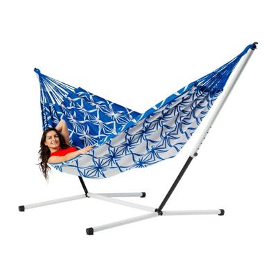 Familie hangmat met metalen standaard - 400x180cm - Blauw - 200kg draagkracht- 100% katoen - binnen & buiten