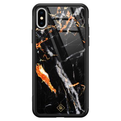 iPhone XS Max glazen hardcase - Marmer zwart oranje