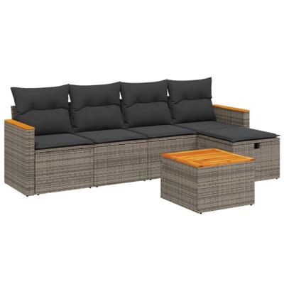 5-delige Loungeset met kussens poly rattan grijs
