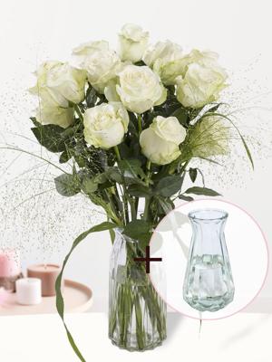 Wit rozenboeket met panicum + gratis glasvaas Evita - Snowstorm Wit rozenboeket met panicum + gratis glasvaas Evita - Snowstorm