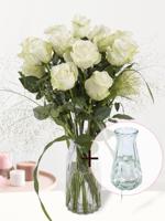 Wit rozenboeket met panicum + gratis glasvaas Evita - Snowstorm - thumbnail