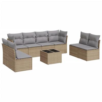 9-delige Loungeset met kussens poly rattan beige