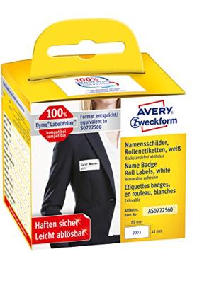 Avery-Zweckform Rol met etiketten Compatibel vervangt DYMO 11356, S0722560 41 x 89 mm Folie Wit 200 stuk(s) Weer verwijderbaar Naametiketten AS0722560 Avery-Zweckform Rol met etiketten Compatibel vervangt DYMO 11356, S0722560 41 x 89 mm Folie Wit 200 stuk(s) Weer verwijderbaar Naametiketten AS0722560