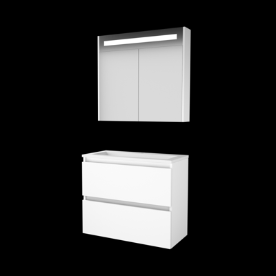 Basic-Line Premium 39 Badkamermeubelset - Ondiep - 80 x 39 cm - Greeploos - 2 Lades - Acryl Wastafel - 1 Kraangat - Spiegelkast met LED Verlichting - Ice White