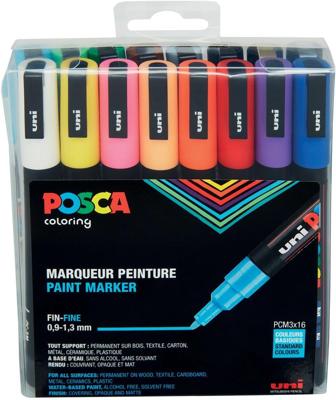 Uni POSCA paintmarker PC-3M, 1,5 mm, etui van 16 stuks in geassorteerde kleuren