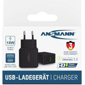 Ansmann HomeCharger HC218PD USB-oplader 18 W 1x USB-A, 1x USB-C USB PD Zwart Binnen