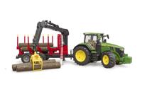 Bruder John Deere 7R 350 met houttrailer en 4 boomstammen - thumbnail