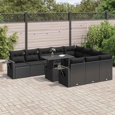 11-delige Loungeset met kussens poly rattan zwart