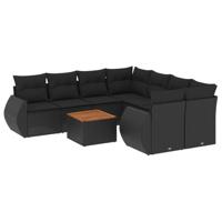 9-delige Loungeset met kussens poly rattan zwart - thumbnail