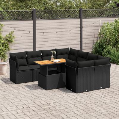 9-delige Loungeset met kussens poly rattan zwart