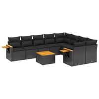 10-delige Loungeset met kussens poly rattan zwart - thumbnail