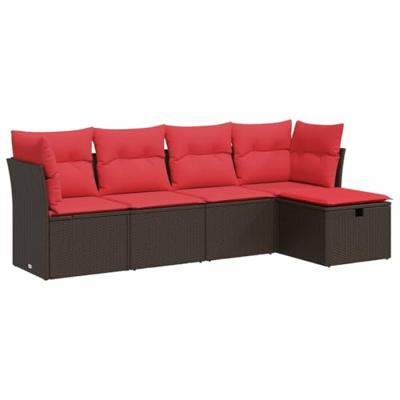 5-delige Loungeset met kussens poly rattan bruin