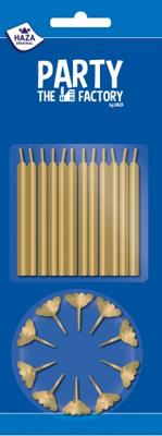 Taartkaarsjes 12 stuks + houders goud 12 stuks