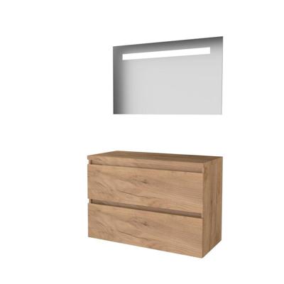 Basic-Line Economic 46 Badkamermeubelset - 100 x 46 cm - Greeploos - 2 Lades - Wastafelblad - Spiegel met LED Verlichting - Whisky Oak