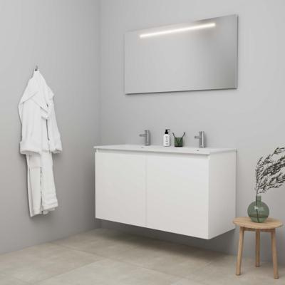 On-Line Badkamermeubelset - 120 cm - Bouwpakket - Greeploos 2 Deuren - Porseleinen Wastafel - 2 Kraangaten - Spiegel met LED-Verlichting - Hoogglans Wit