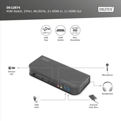 Digitus DS-12874 KVM-switch 4 poorten HDMI USB 4096 x 2160 Pixel