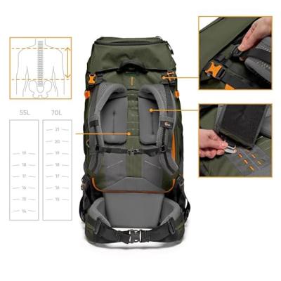 Lowepro PhotoSport Pro BP 55L AW IV rugzak met gerecycled weefsel, rugzak voor spiegelloos/spiegelreflexcamera's, toegang voor/achter, uitneembare camera-inzetstuk, accessoireriemen, maat S/M,