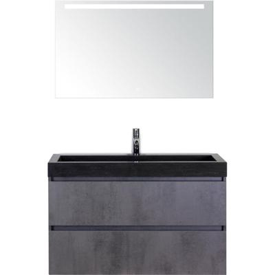 Maxx XL Badmeubelset 100 cm - Beton Antraciet - Wastafel Lucca 1 Kraangat met LED Spiegel